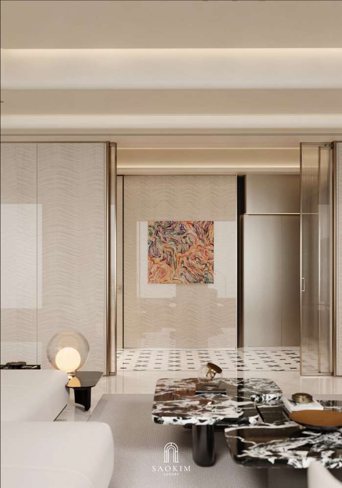 Không gian nội thất phòng khách hiện đại trong thiết kế chung cư cao cấp phong cách Contemporary Luxury dự án Vinhomes Symphony
